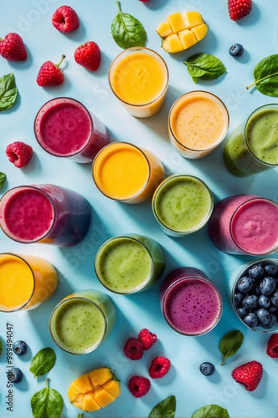 Fototapeta rainbow smoothies in glasses, each with a different color, arranged in a row. Fresh ingredients like spinach, raspberries, mango, and blueberries are laid beside the glasses. Top view