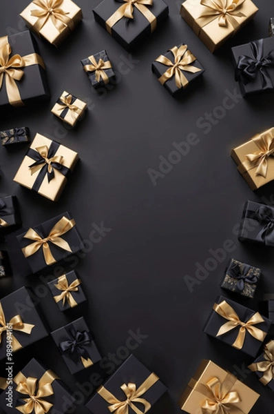 Obraz Black gift boxes with gold ribbons arranged on a deep black background.
