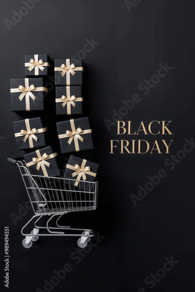 Obraz Black Friday shopping cart filled with black gift boxes tied with gold ribbons