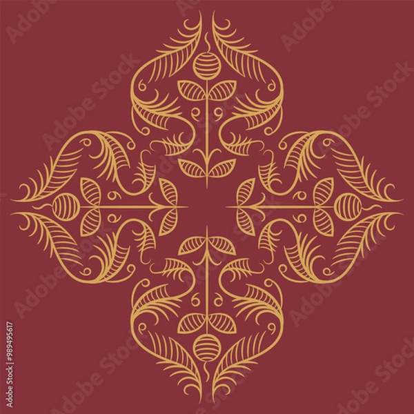 Fototapeta Geometrical cross shape ornament with stylized blooming branches. Medieval floral motives. Yellow linear silhouette on red background.