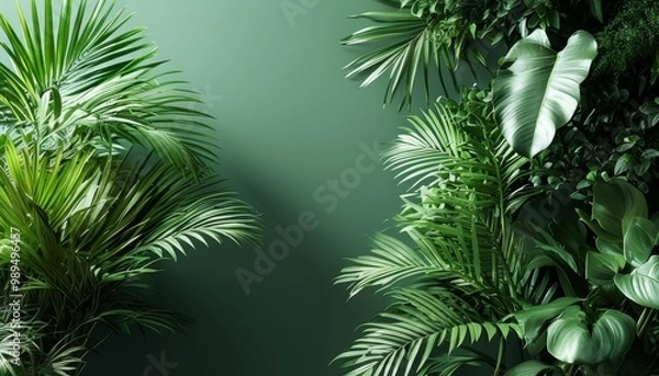 Fototapeta green background with large lush green leaves in pots