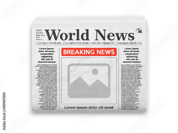 Obraz Daily newspaper journal design template with editable headlines quotes text articles and color images. Horizontal folded newspaper layout.