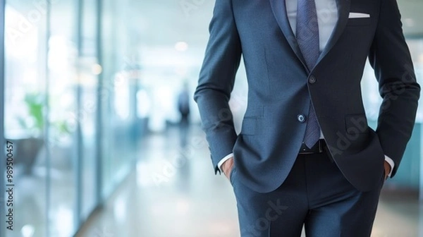 Fototapeta Close up of a professional in a formal suit with one hand in a pocket featuring a bright modern office softly blurred in the background