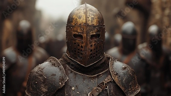 Fototapeta Medieval knight wearing helmet standing in front of troops