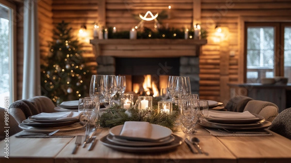 Obraz Cozy holiday dining table in a rustic cabin, beautifully set with candles, evergreen garlands, and elegant dinnerware, creating a warm festive ambiance