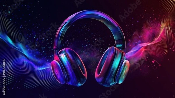 Fototapeta Colorful Abstract Background with Headphones and Sound Waves