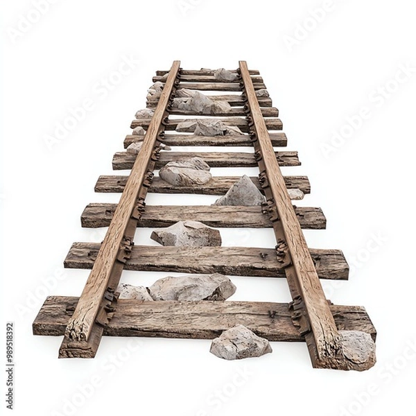 Fototapeta Old wooden railroad tracks with rocks isolated on white background.