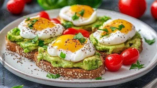 Fototapeta Whole grain toast with avocado and eggs. Healthy breakfast, proteins, fats and carbohydrates. Balanced nutrition.