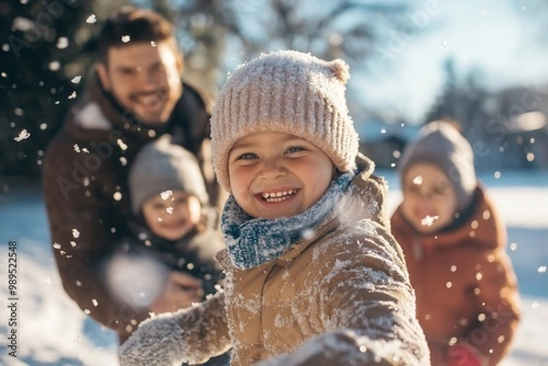 Fototapeta A joyful winter day with a smiling child playing in the snow with family in a cheerful outdoor setting