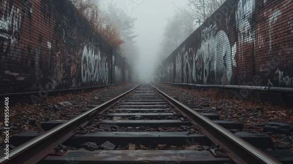 Fototapeta Graffiti Covered Railroad Tracks Vanishing into Fog