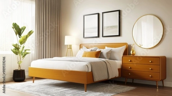 Fototapeta Cozy Modern Bedroom with Warm Tones and Natural Light