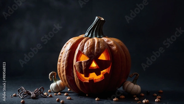 Obraz Glowing Jack-o'-Lantern  on dark backgorund, generative Ai
