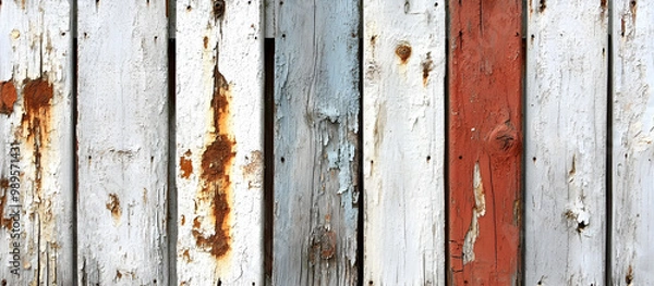 Fototapeta The image is a close up of a wooden fence with a rustic, weathered appearance