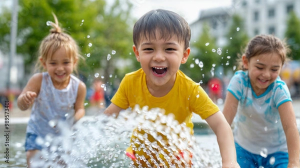 Fototapeta A group of children play joyfully in a water fountain, splashing water and sharing laughter on a sunny afternoon