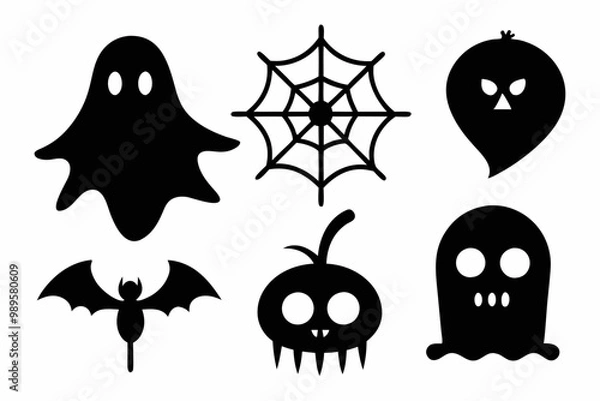Obraz vector halloween monsters set of blak icons ghost, bones, spider, cobweb isolated on white background for invitations