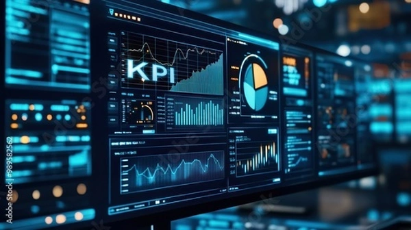 Fototapeta Modern KPI Dashboard Displaying Key Performance Indicators with Graphs and Charts in a High-Tech Business Environment