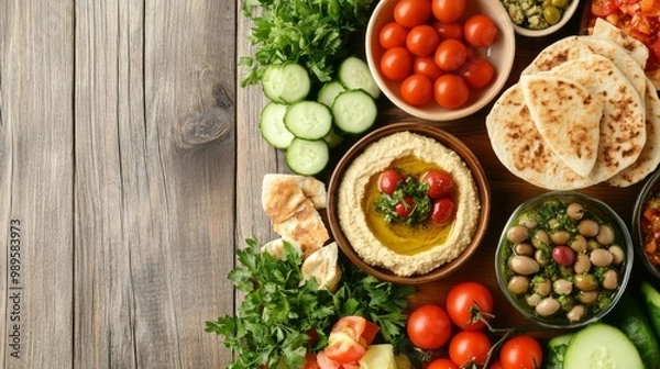Obraz A vibrant array of Mediterranean food including hummus, fresh vegetables, pita bread, and herbs arranged on a rustic wooden table, ready for a delicious meal and sharing.