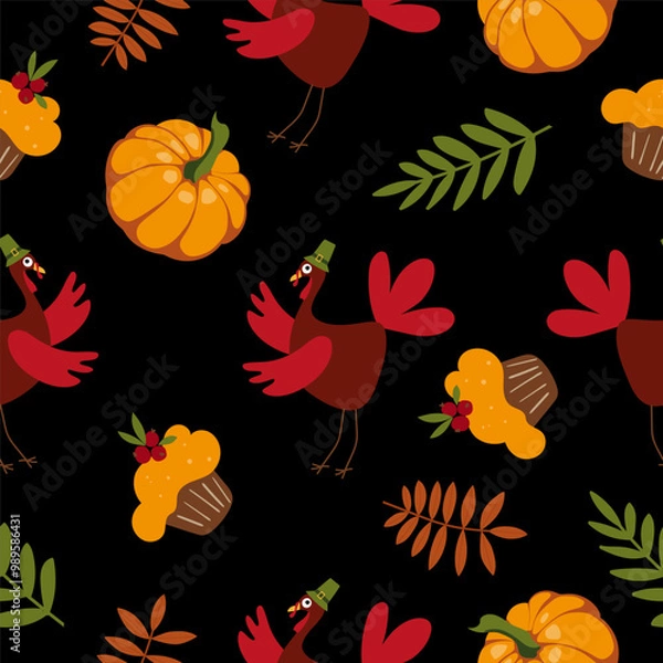 Fototapeta Happy Thanksgiving. Endless turkey and pumpkin background on black background. Seamless Repeat Pattern. Autumn vector pattern for textiles, packaging, paper, wallpaper.