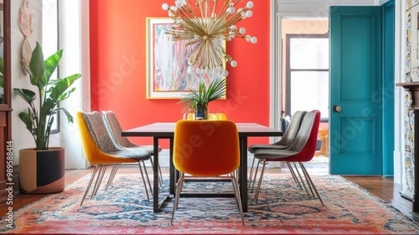Fototapeta Vibrant Eclectic Dining Room With Colorful Chairs and Artistic Decor for Joyful Family Gatherings. Generative AI