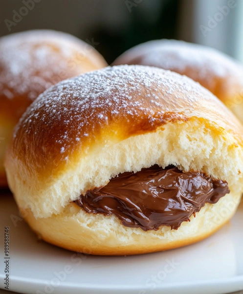 Fototapeta Chocolate hazelnut stuffed bun with powdered sugar