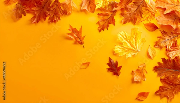 Fototapeta Autumn background with falling leaves isolated on yellow background