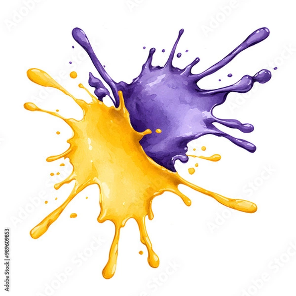 Fototapeta Bright yellow and purple paint splashes collide on a transparent or white background, creating a dynamic and artistic visual effect.