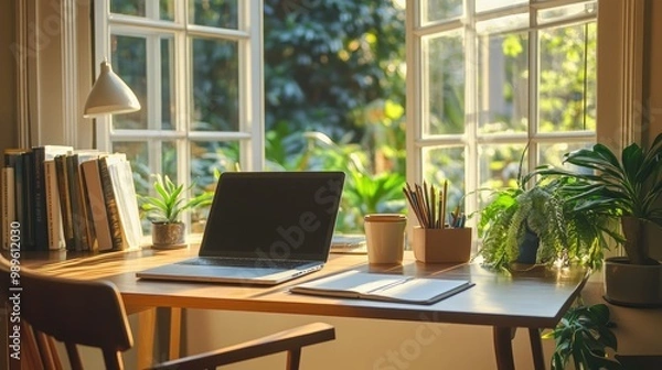 Fototapeta A minimalist desk setup with a simple wooden chair, a laptop, and a notebook, placed by a window with a view of a lush green garden outside.