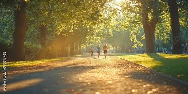 Fototapeta Serene Park Pathway, peaceful trail in a lush park, individuals jogging and walking, gentle blur of trees and nature in the background
