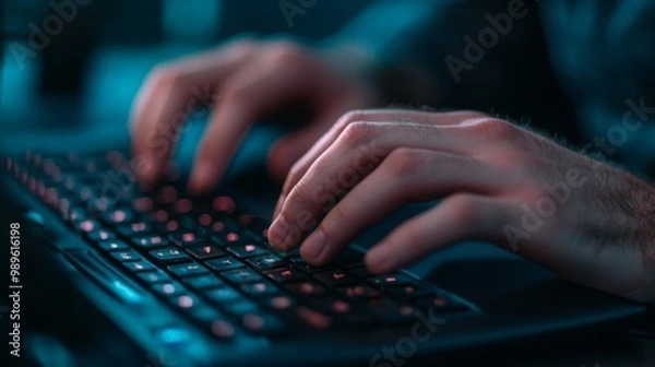 Fototapeta A close-up view of hands typing on a backlit keyboard, evoking a focus on technology and digital communication.