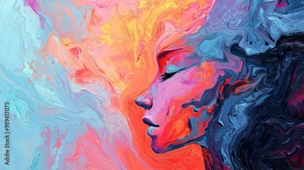 Fototapeta A vibrant, abstract portrait of a woman's profile, showcasing swirls of color that evoke emotion and creativity.