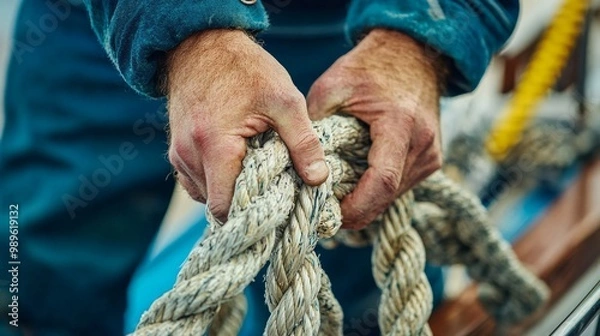 Obraz Detail of hands cleating off superyacht mooring lines on the foredeck with teak deck and stainless steel fittings