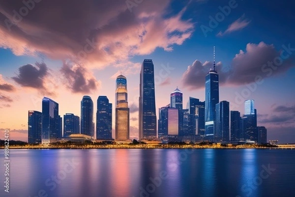 Fototapeta Twilight Cityscape with Modern Skyline Abstract Clouds and Evening Beauty