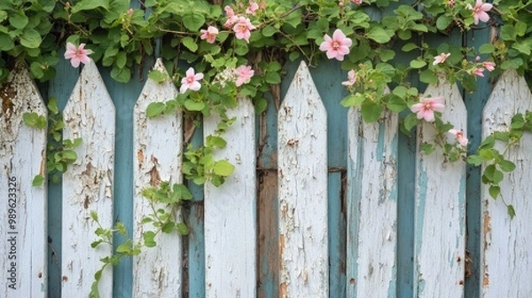 Fototapeta A close-up of a weathered picket fence with peeling paint, adorned with climbing vines and flowers, showcasing the beauty of nature reclaiming its space.