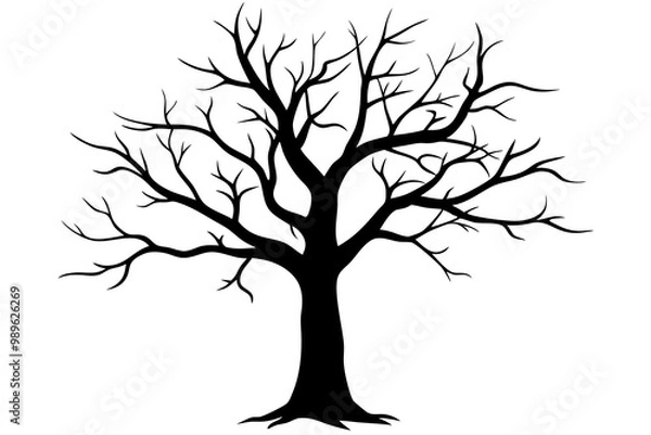 Fototapeta Old dry, bare tree. Black silhouette. Sketch hand drawn. Isolated on white background. Vector illustration