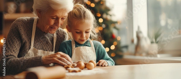 Fototapeta A grandmother and granddaughter in aprons prepare gingerbread cookies together, rolling out the dough with a rolling pin against the backdrop of a kitchen with a Christmas tree.
