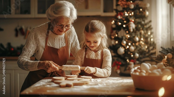 Fototapeta A grandmother and granddaughter in aprons prepare gingerbread cookies together, rolling out the dough with a rolling pin against the backdrop of a kitchen with a Christmas tree.