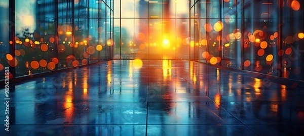 Fototapeta Wideangle blurry view of modern office space with minimalist decor captured through a prism lens for a kaleidoscopic effect