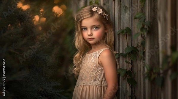 Fototapeta A young girl in a delicate dress stands by a wooden fence, surrounded by greenery.