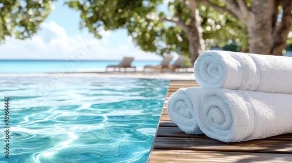 Fototapeta A picturesque scene featuring neatly rolled towels by the poolside at a tropical resort, with a stunning ocean view in the background, capturing a sense of relaxation and luxury.