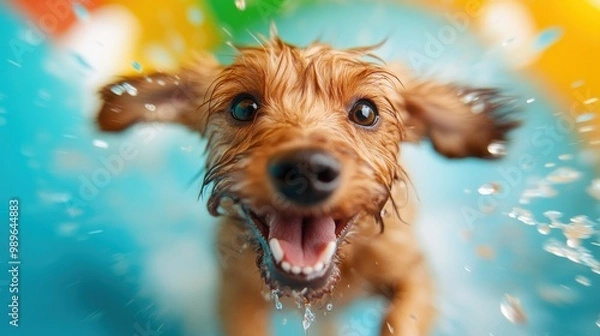 Fototapeta A happy, wet dog joyously splashes in water with a vibrant, colorful background, embodying pure exhilaration and the delight of playful moments.