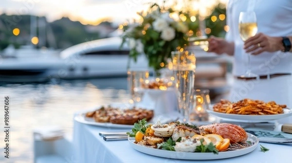 Obraz An elegant dining setup featuring a gourmet seafood meal, fine wines, and elaborate table decorations with a stunning waterfront background during dusk.