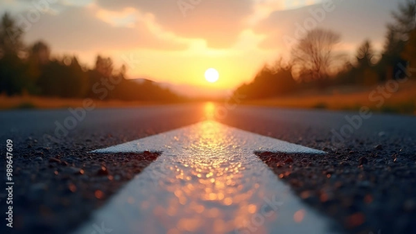 Obraz Open Road with Arrow Pointing Toward Bright Sunset Symbolizing New Beginnings