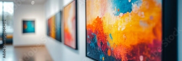 Fototapeta Vibrant graphic design poster displayed on a gallery wall, softly blurred background showcasing various art pieces