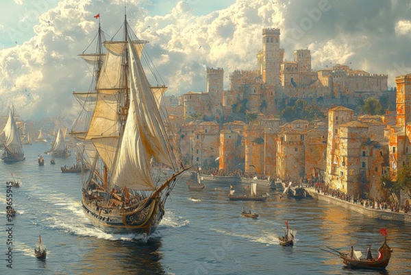 Fototapeta A medieval ship setting sail from a bustling port. Concept of exploration and trade in the Middle Ages.