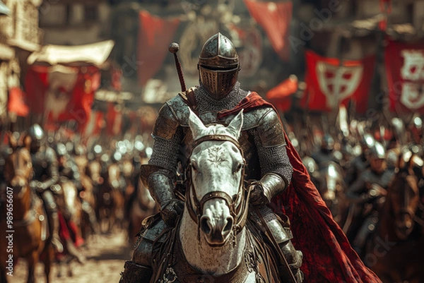 Fototapeta A knight in shining armor jousting during a grand tournament. Concept of medieval chivalry and combat.