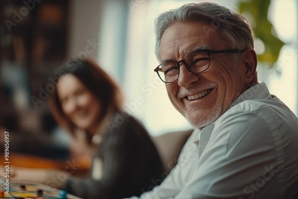 Fototapeta An Elderly Man Enjoying a Joyful Moment With a Friend in a Cozy Indoor Setting During the Afternoon