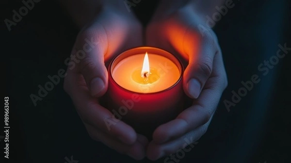 Obraz Cropped image of hands gently covering a glowing candle, creating a warm and inviting atmosphere against a dark black background, symbolizing tranquility, peace, and intimacy in a serene setting