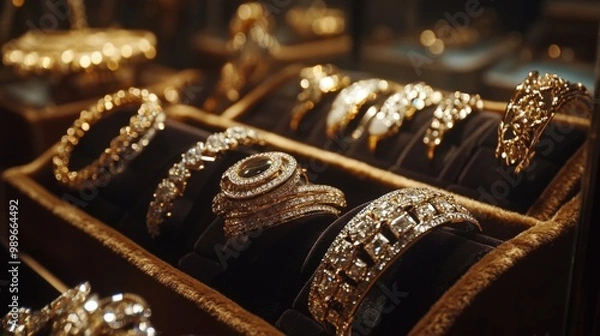 Fototapeta An exquisite collection of gold and diamond jewelry displayed in a velvet-lined case, featuring rings, bracelets, and intricate designs, perfect for luxury and elegance enthusiasts.