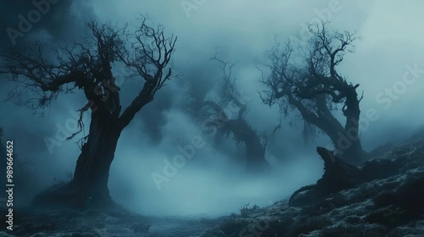 Fototapeta A spooky, mist-filled night, with fog winding through the silhouettes of old, twisted trees.