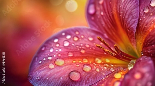 Fototapeta This stunning macro shot captures the exquisite details of a vibrant flower petal adorned with fresh water droplets, set against a colorful, bokeh-filled background.